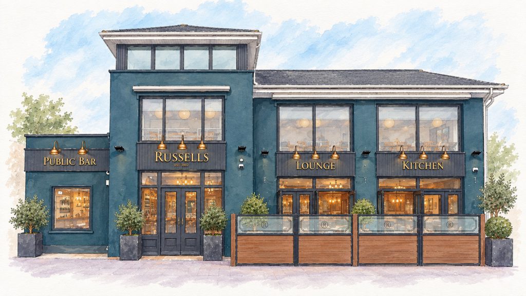 Watercolour illustration of Russells Bar, Lounge & Kitchen